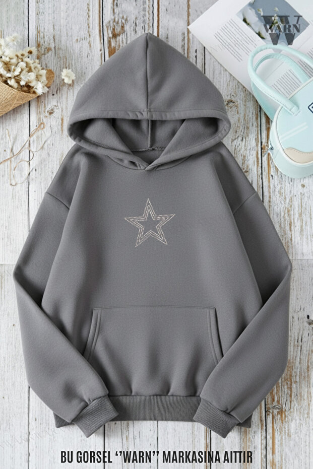 D Giri Star Yıldız Taş Printed 3 İplik K Hooded Sweatshirt O Oversized Winter 100% Cotton