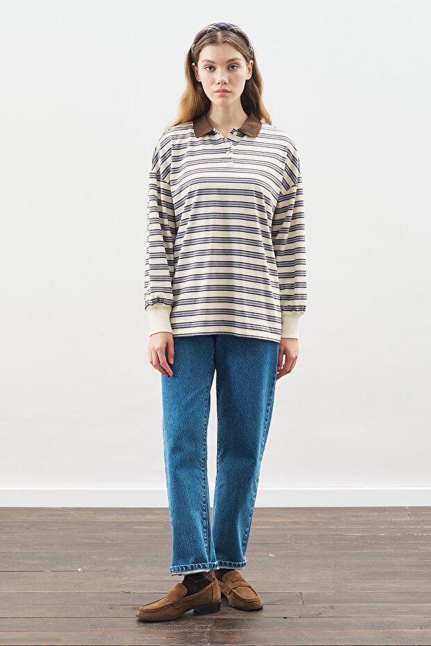 POLO YAKA OVERSIZE TSHIRT MAVİ - 3