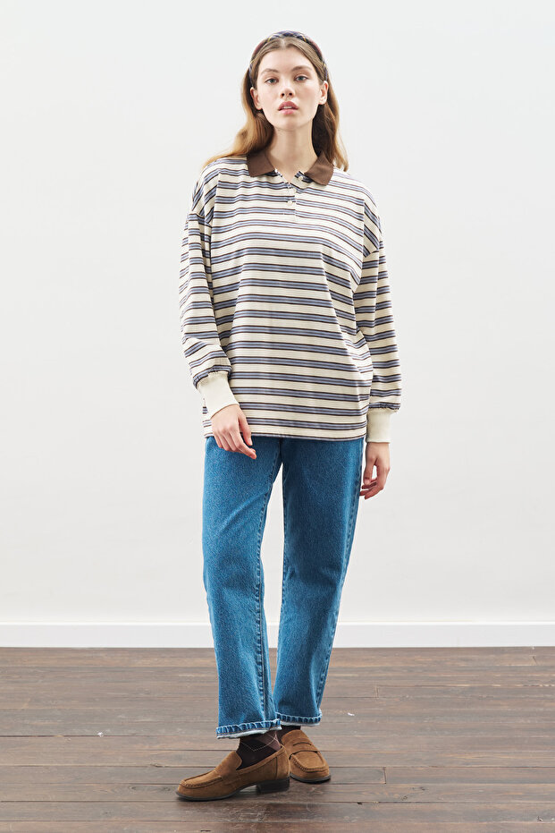 POLO YAKA OVERSIZE TSHIRT MAVİ - 4