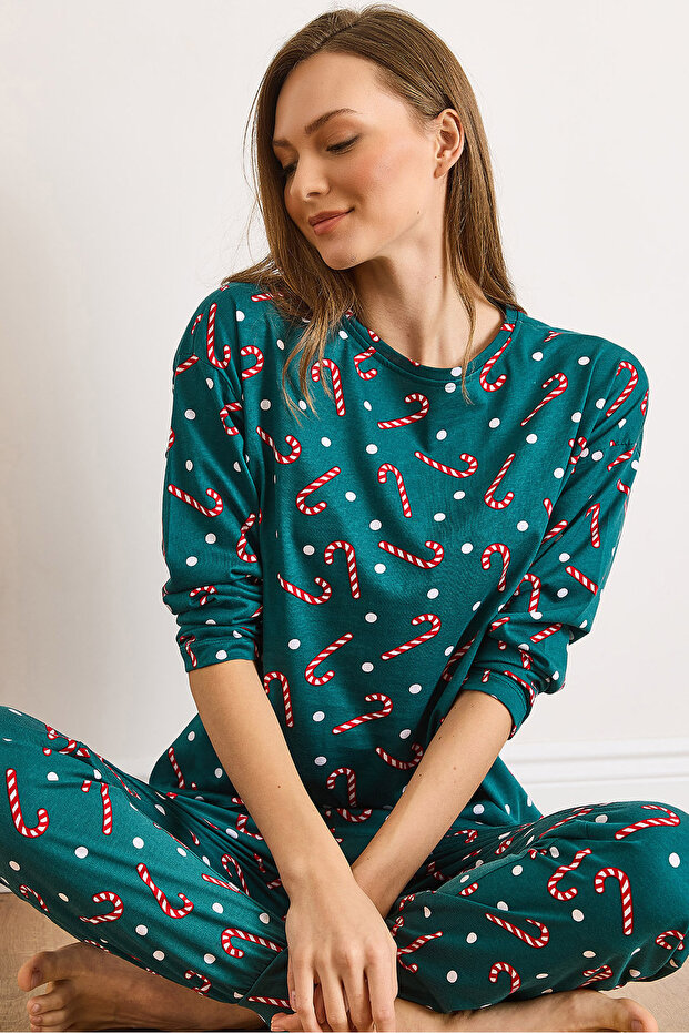 Women's Candy Green 100% Cotton Long Sleeve Slim Leg Pajama Set Pjm-00000025