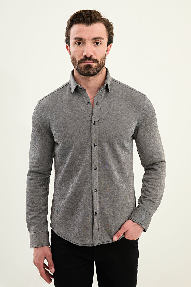 Striped Slim Fit Wool Long Sleeve Men's Shirt Black - 27113.25K