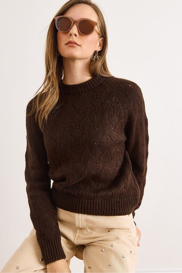 Women's Bitter Brown Lace-Like Knit Soft Textured Knitwear Sweater Kzk-19001053