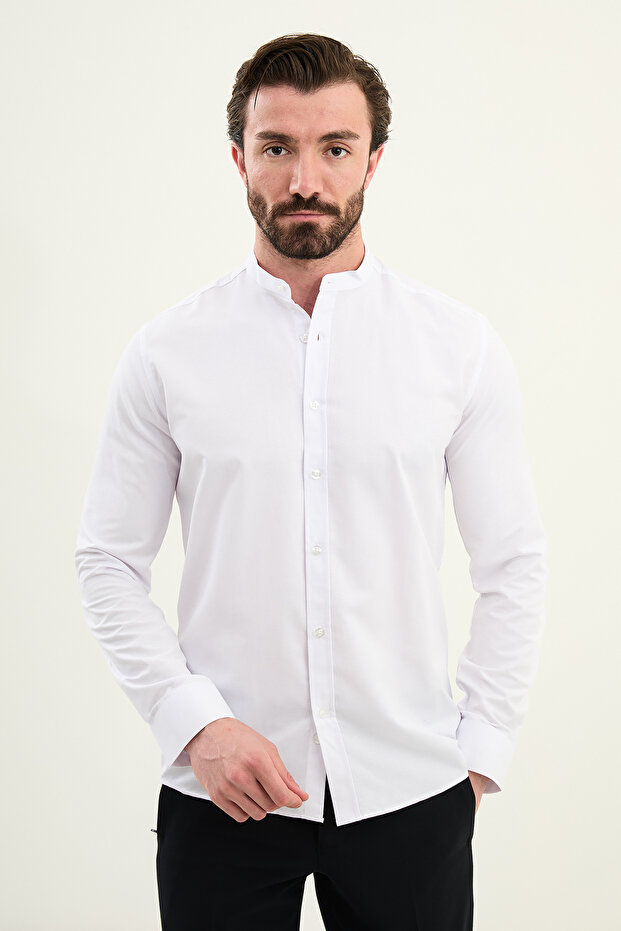 Patterned Slim Fit Judge Collar Long Sleeve Cotton Men's Shirt White - 27101.25K