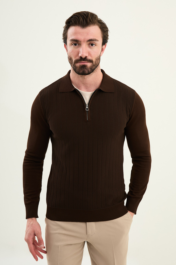 Patterned Slim Fit Polo Neck Zippered Wool Men's Knitwear Sweater Brown - 11570.25K