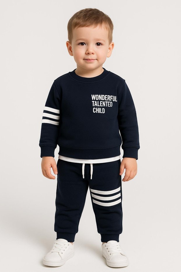 Paneled Striped Detail Navy Blue Color Boy's Tracksuit Set
