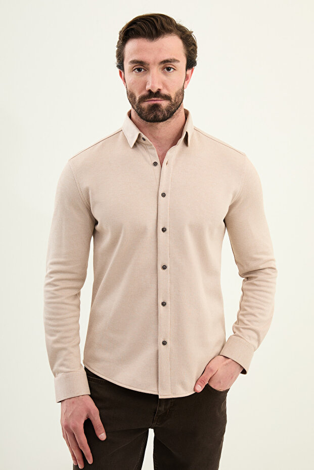 Striped Slim Fit Wool Long Sleeve Men's Shirt Beige - 27113.25K