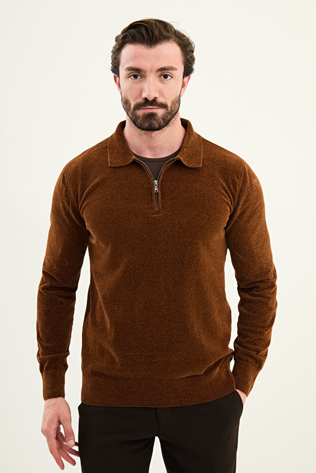 Plain Slim Fit Zipper Polo Neck Chenille Fabric Men's Knitwear Brown - 11576.25K