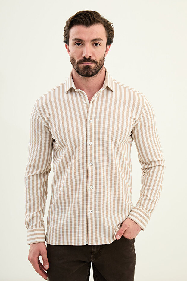 Striped Slim Fit Long Sleeve Men's Shirt Beige - 27115.25K