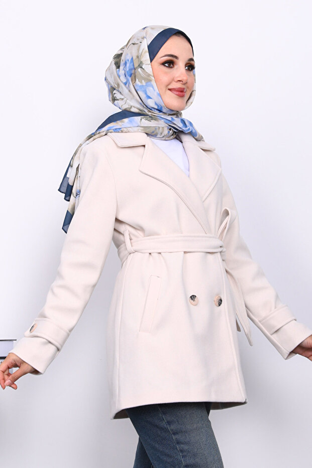 Cream Double-Breasted Collar Double Button Cashmere Coat