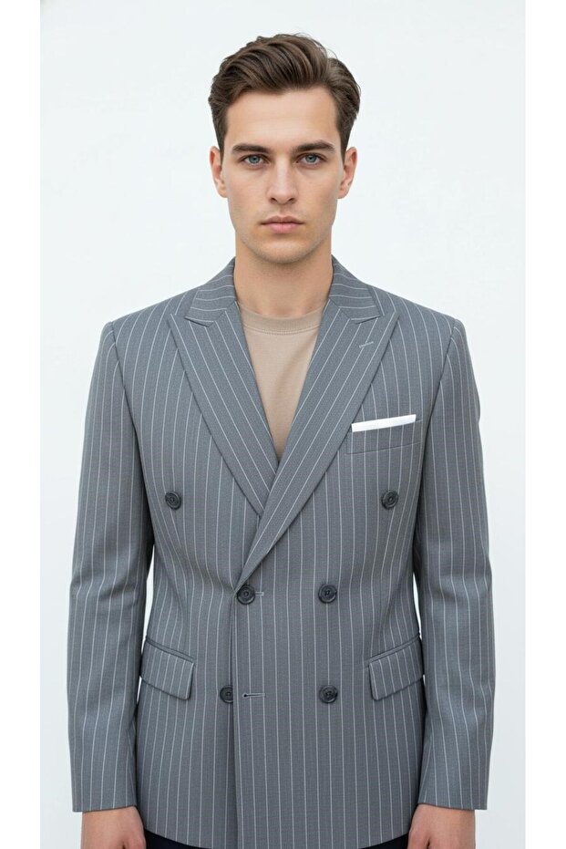 Gray Striped Men's Double-Breasted Blazer Jacket – Italian Cut, Stylish and Modern Style