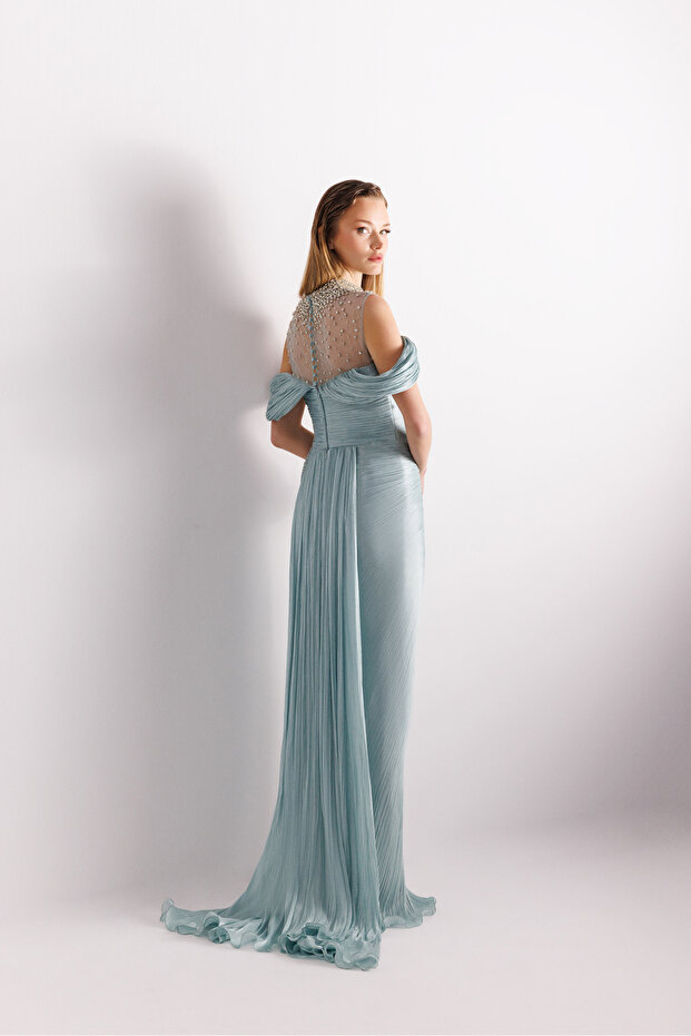 İşlemeli Pliseli Abiye Elbise - 3