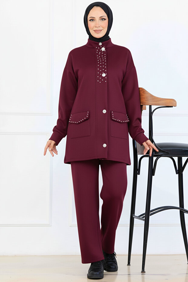 Bead Detailed Scuba Double Suit N5334 Burgundy