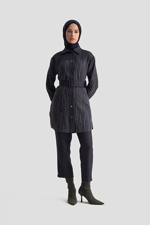 Woven Sequin Paneled Double Suit with Trousers Navy Blue 25Kt664