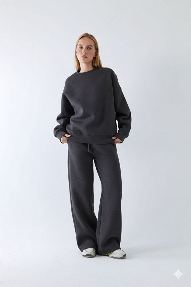 Unisex Oversized Tracksuit Set Basic Smoked Melange – Crew Neck, Wide Legs, 3 Thread Fleece-Lined Fleece