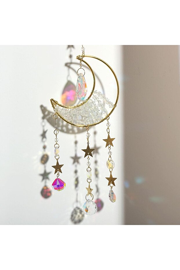 Moon Suncatcher Crystal Sun Catcher Hanging Prism Wind Chimes, Whit