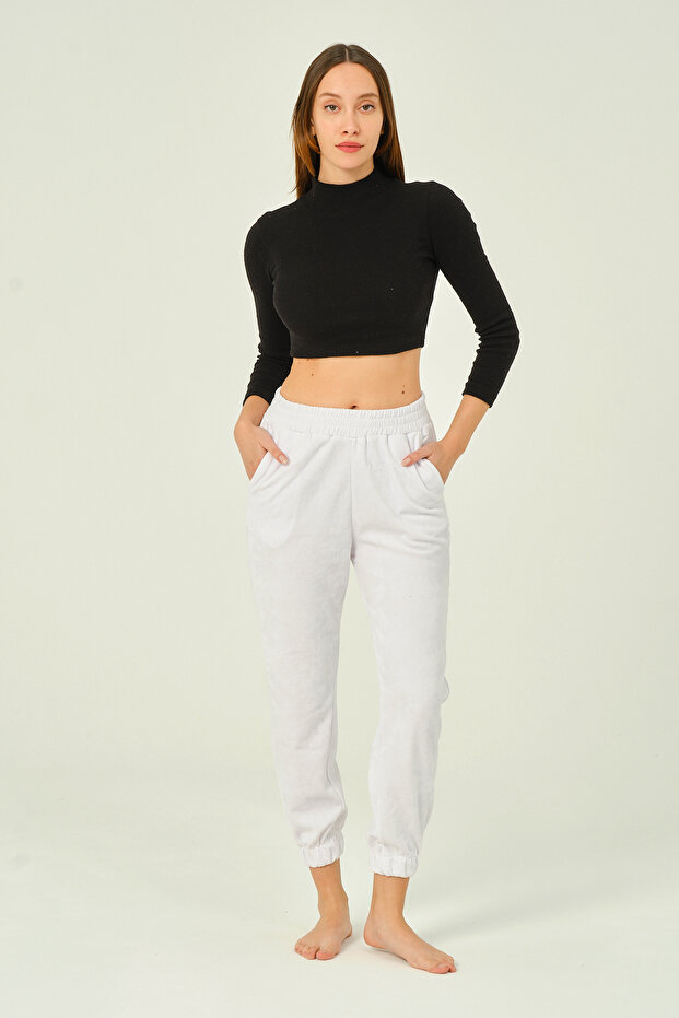 White Cotton Velvet Pocketed Women's Sweatpants