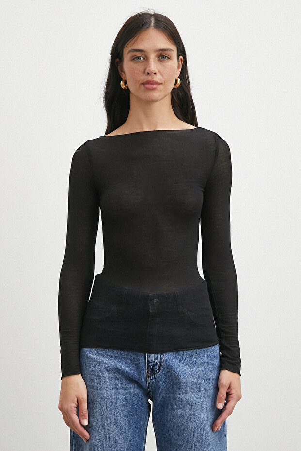 Open Collar Blouse Black - 5