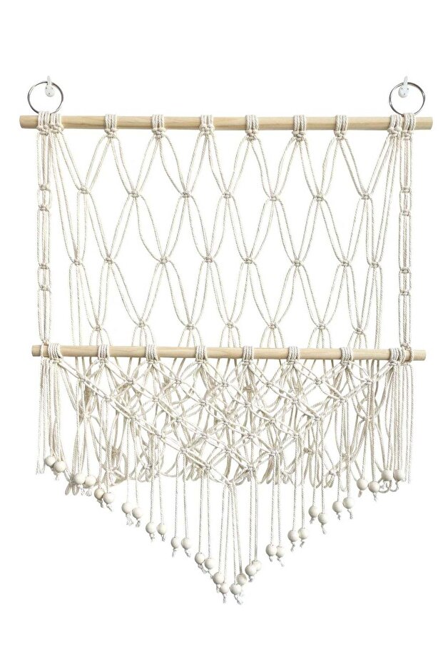 Macrame Bohemian Wall Hanging Shelf, Handmade Wooden Woven Tapestries, Wood Floating Hanging Storag
