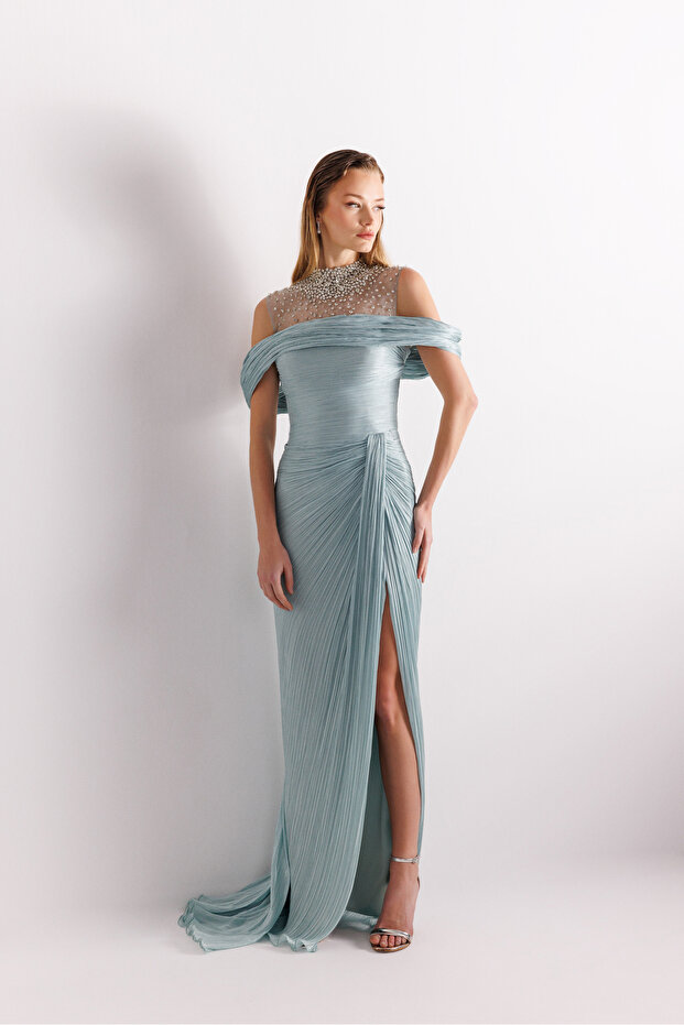 İşlemeli Pliseli Abiye Elbise - 1