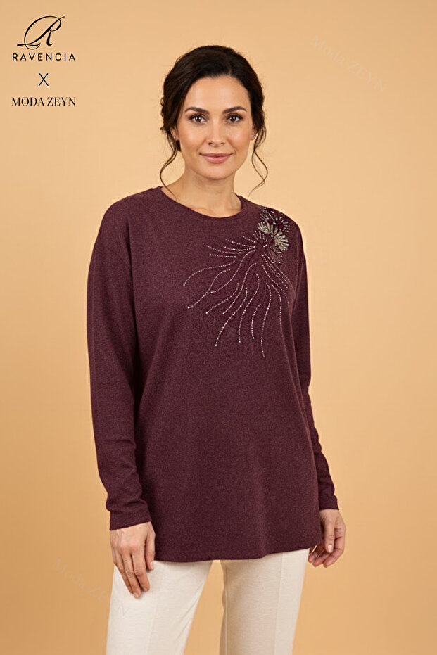 Women's Burgundy Drop Patterned Stoned Slit Lycra Wool Mother Combed Cotton Blouse