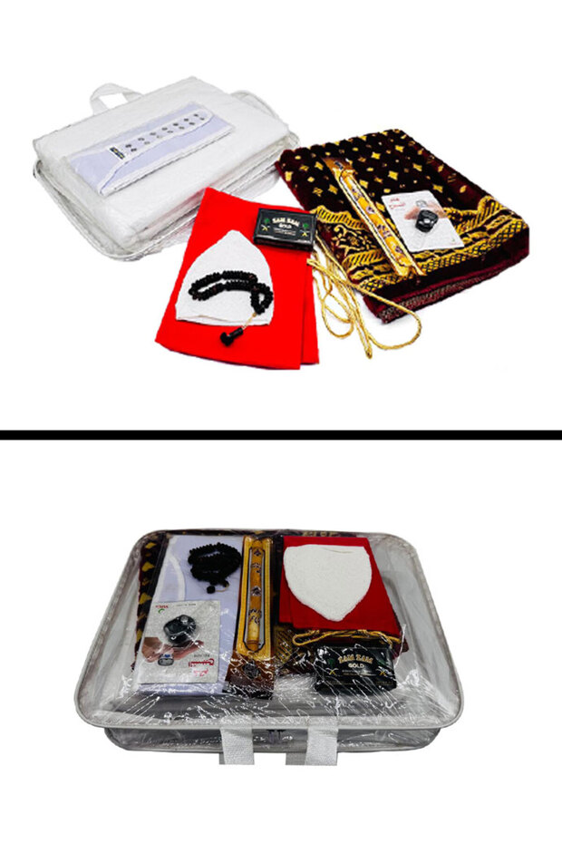 Hajj & Umrah Complete Kit–1300g Ahram with Belt, Prayer Mat, Cap, Tasbih, Miswak, Counter & Soap
