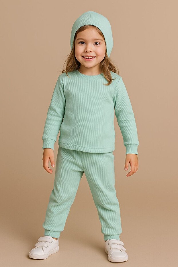 Basic Mint Green Ribbed Hat and Tracksuit Set - 2