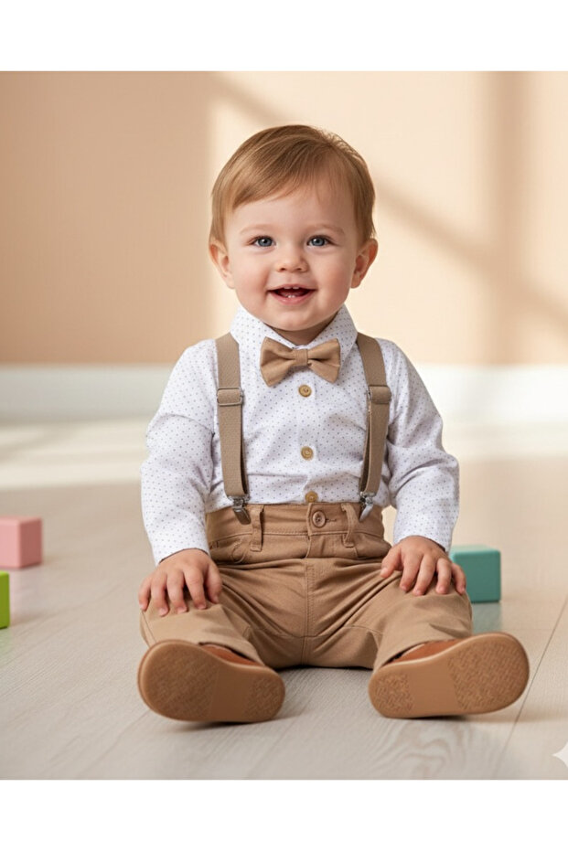 Stylish Baby Set with Honeycomb Pattern Bow Tie – Bodysuit + Pants + Suspenders + Bow Tie |   6–24 Months