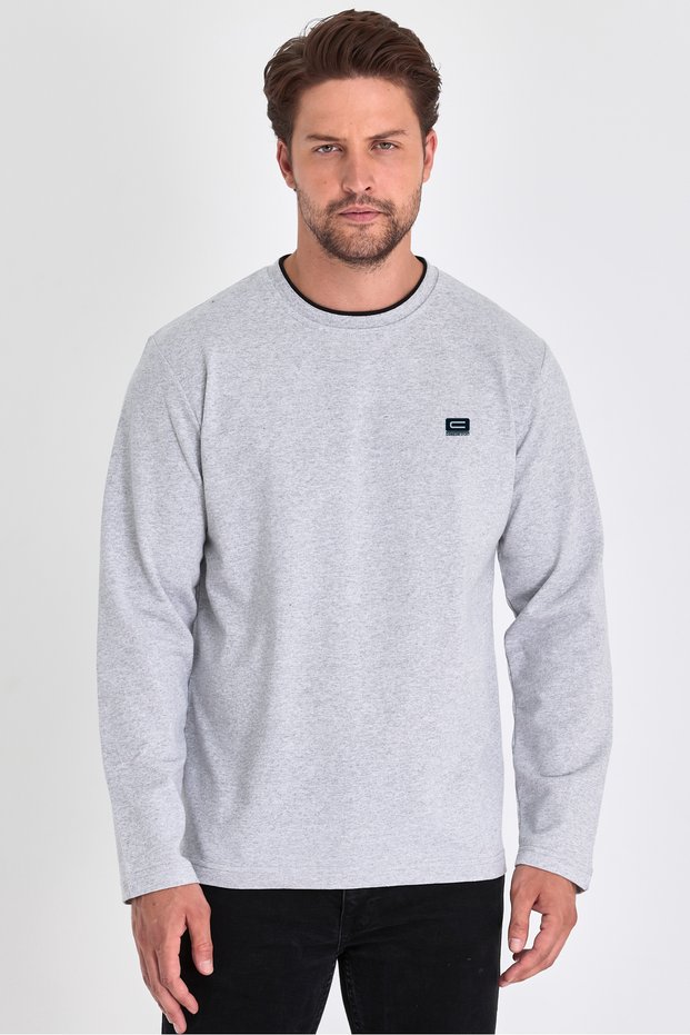 Men's Gray Double Crew Neck Print Detailed Standard Relaxed Fit Sweatshirt