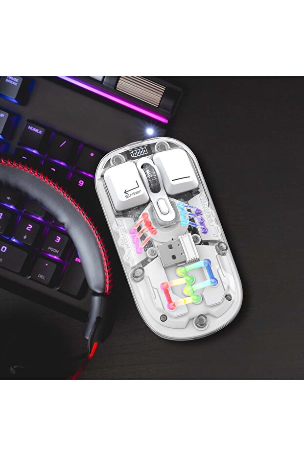 Transparent Wireless Mouse - 2.4G & Bluetooth 5.0, Type-C Rechargeable, RGB (11 Modes), 1600 DPI