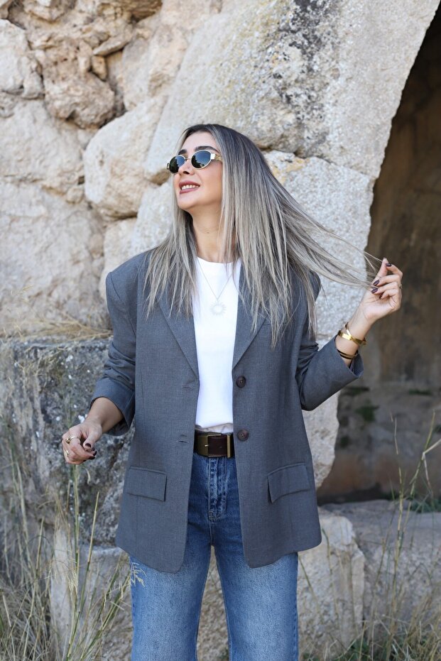 Gray Oversized Polyviscose Blazer Jacket
