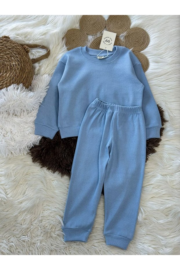 Corded Fabric 100% Cotton Casual Tracksuit Light Blue 2-Piece Set