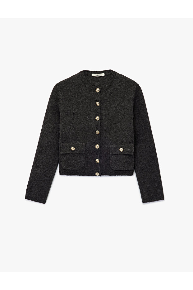 Gold Button Detailed Long Sleeve Crew Neck Knitwear Cardigan with Pockets