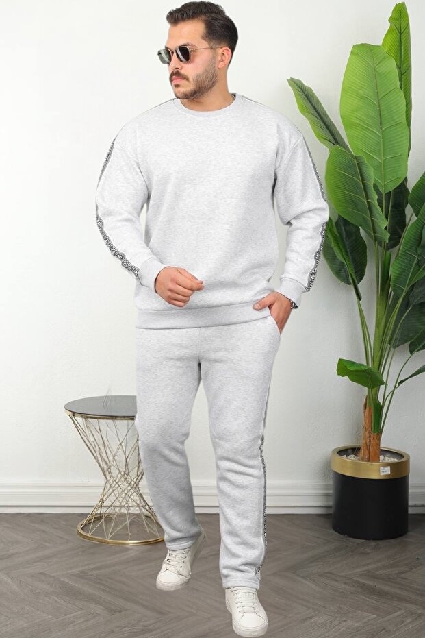 Men's Top and Bottom Set Ethnic Pattern Striped Model Comfortable Fit Elastic Waist Bottom Cotton Sweatshirt Bottom