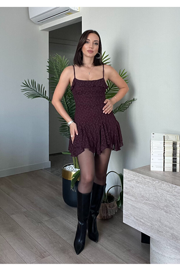 Askılı Pileli Dantel Mini Elbise - 1