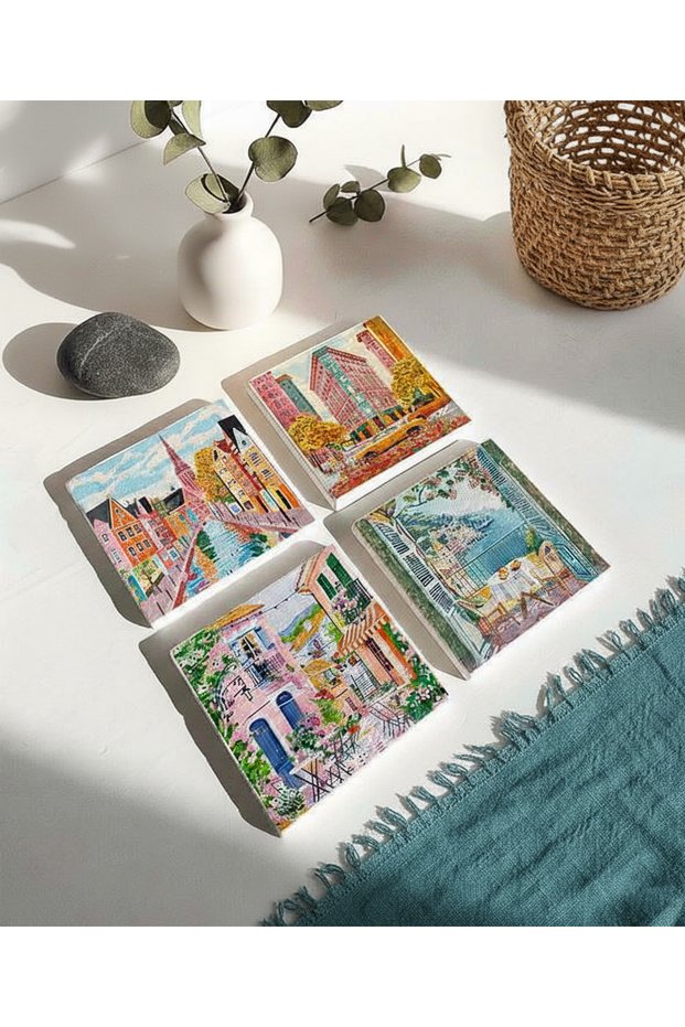 European Cities Themed Stone Coasters - Set of 4 Pastel Colors