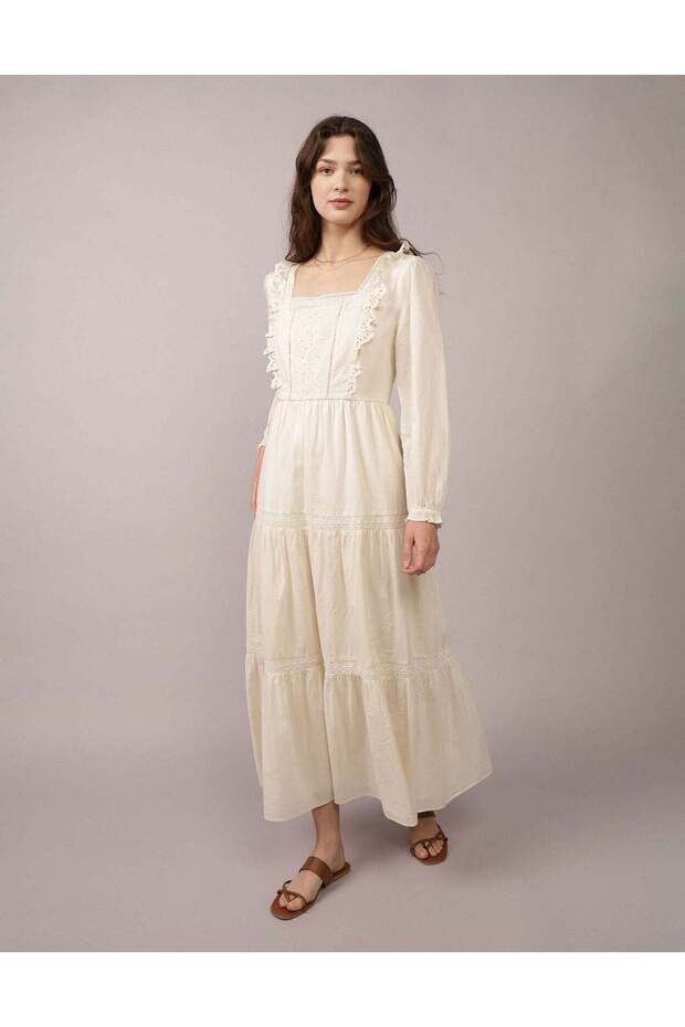 AE Long-Sleeve Tiered Embroidered Midi Dress