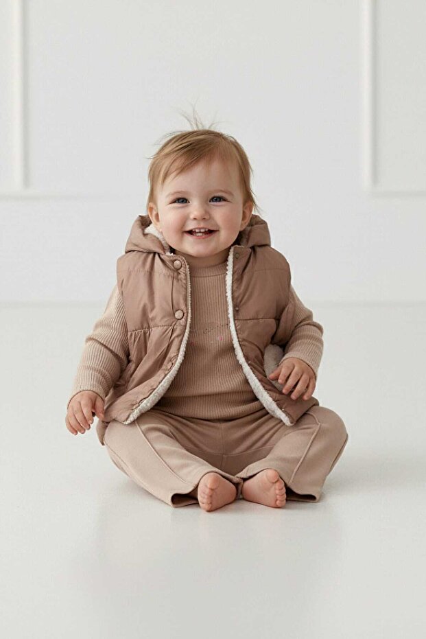 Winter Rabbit Embroidered, 3-Piece Inflatable Vest Plush, Welsoft Lined, Thick 3 Thread Baby Girl Set