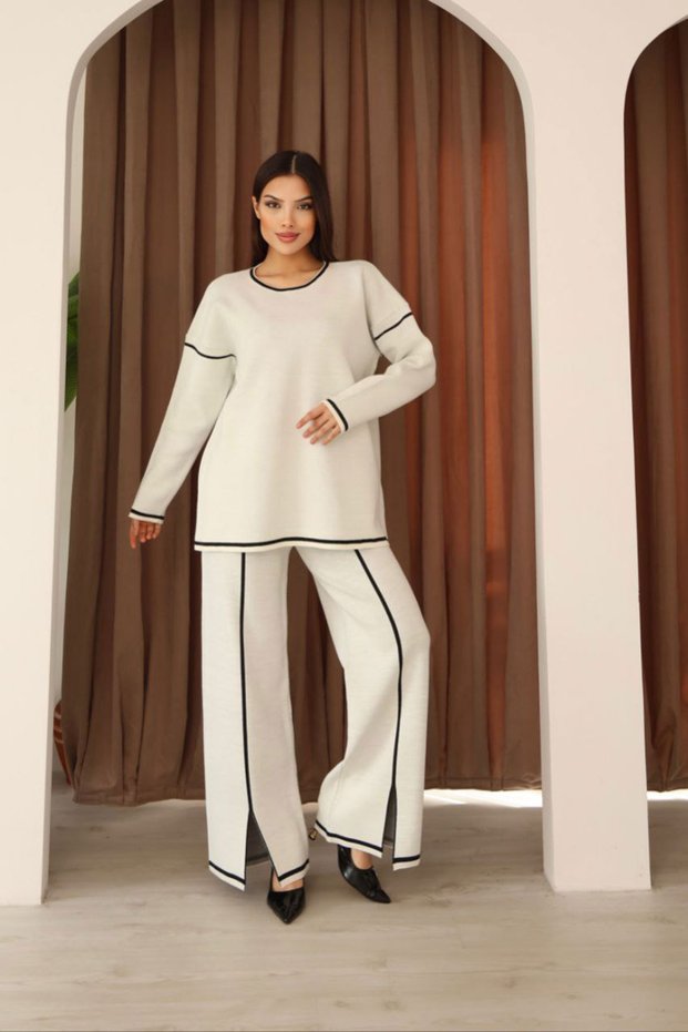 Women's Ecru Striped Patterned Knitwear Sweater and Slit Pants Knitwear Top and Bottom Set