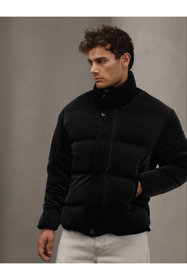 Men's High Collar Puffer Jacket | Trendy Puffer Jacket | Black Velvet and Gray Matte Option | Winter