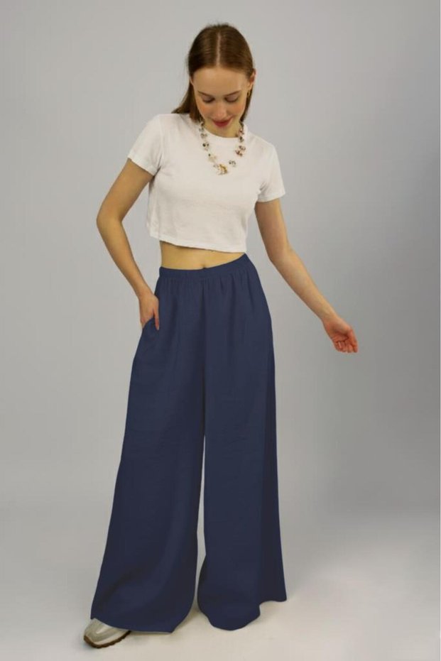 Women's Modal High Waist Pocketed Elastic Waist Wide Leg Pants Indigo