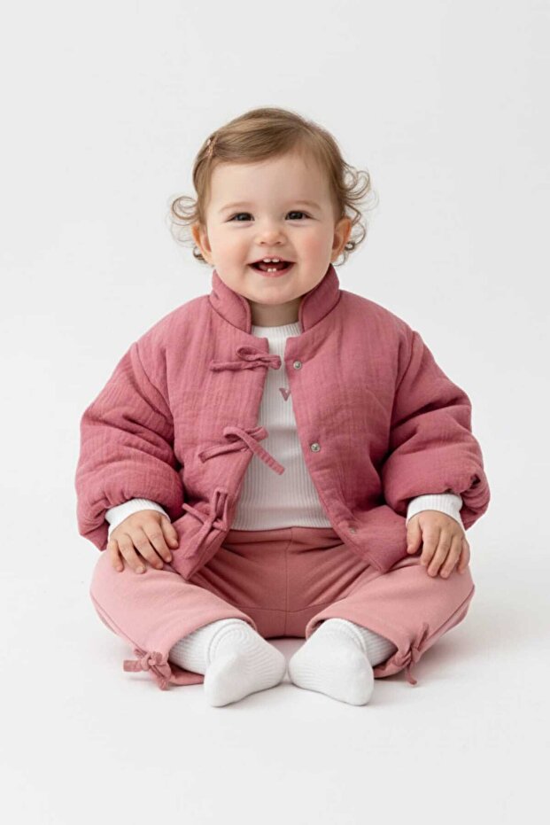 Thick Winter 3-Piece Baby Girl Set, Muslin Surface Coat, 3 Thread Fleece-Lined Pants