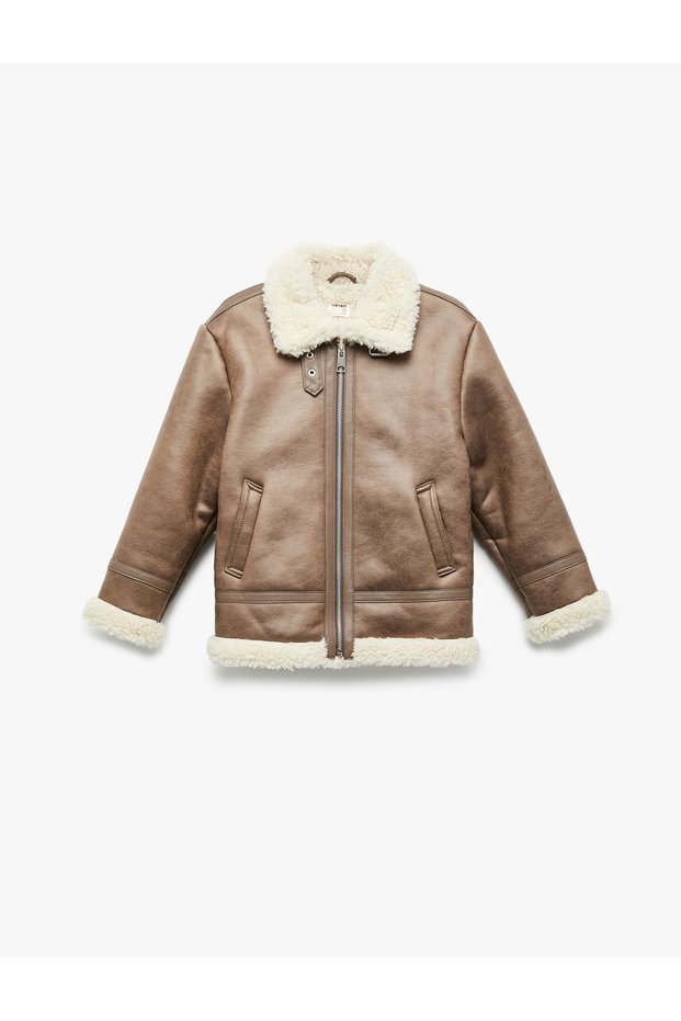 Plush Collar Long Sleeve Pocket Zipper Faux Leather Jacket