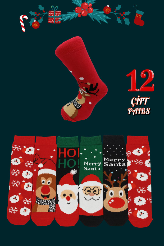 12 Pairs of Colorful Children's Christmas Socks – Set with Cute Christmas Patterns