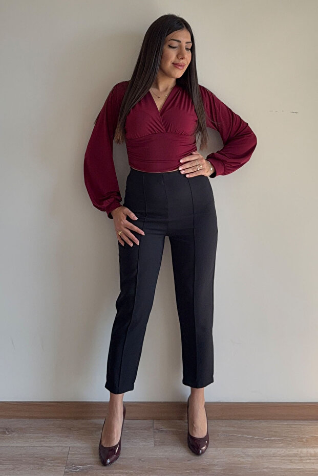 V Yaka Büzgülü Candy Bluz - 2