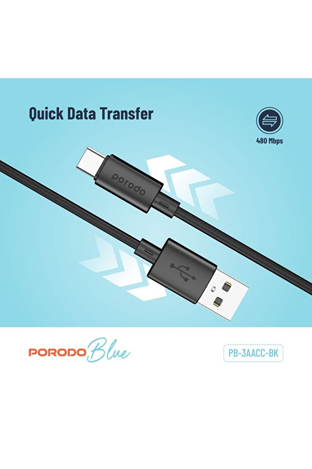 Blue 3A PD USB A to Type C PVC Cable 1.2M - Black