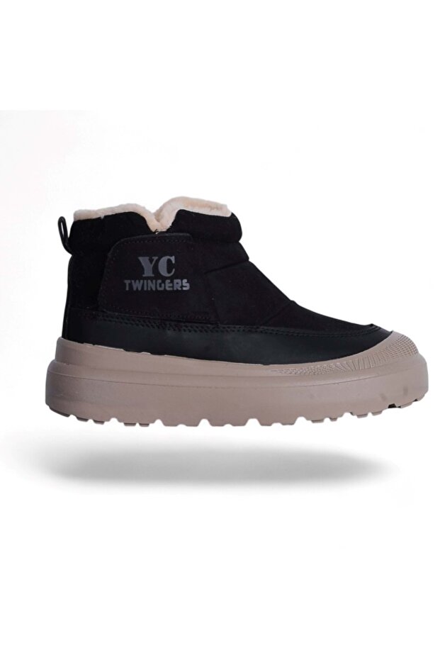 Twincers 2028 Black-Beige Women's Winter Flat Boots Shoes