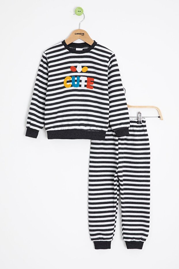 Smoked Boys' Cute Embroidered Striped Fleece-Lined Tracksuit Set 23312