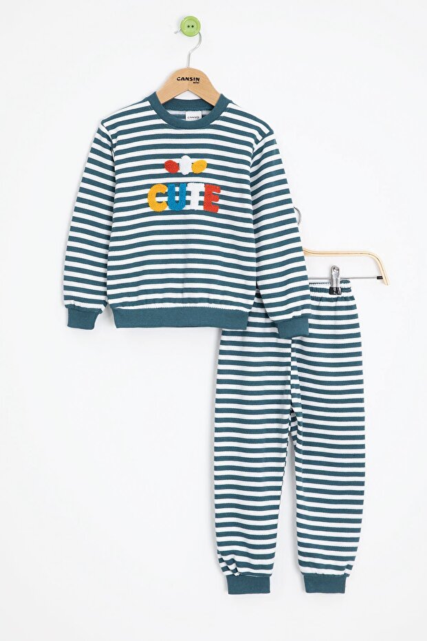 Indigo Boy's Cute Embroidered Striped Sh Fleece-Lined Tracksuit Set 23313
