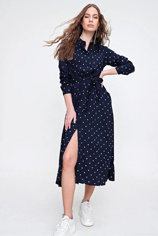 Ocean Blue Polka Dot Patterned Woven Viscose Shirt Dress ALC-X6247