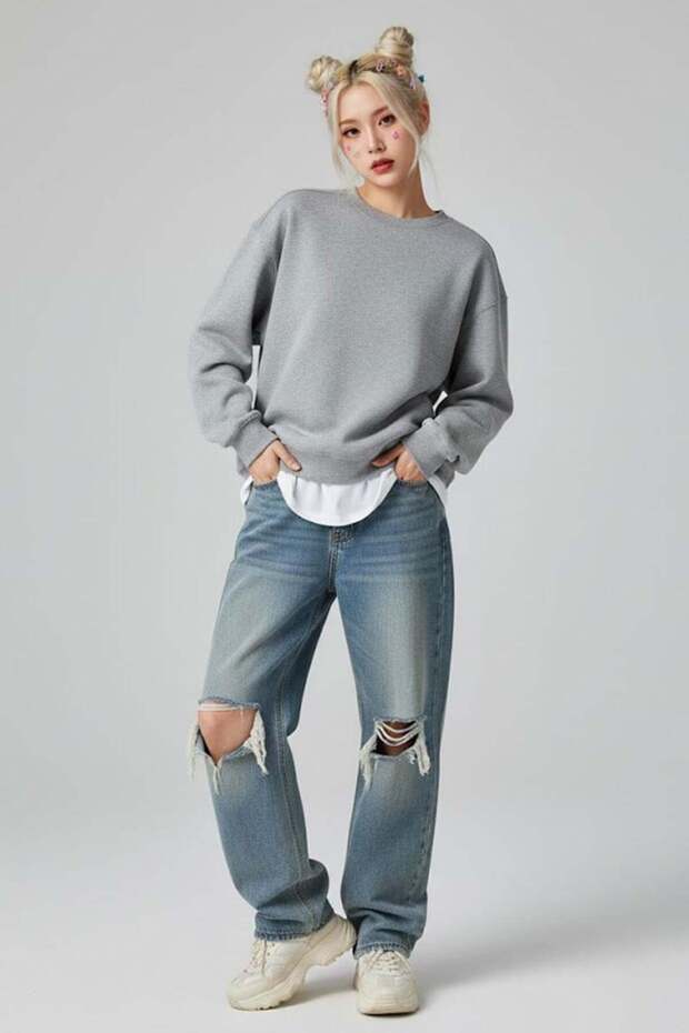 Plain Gray Melange Medium Thickness Fabric Oversized Unisex Long Sleeve